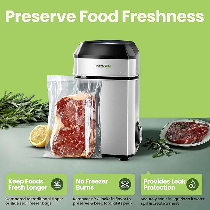 InstaSeal Vacuum Sealer for Food with 12 Bags, Preserves Foods 5x Longer, Space Saving Compact Upright Design Allows Machine to Seal Marinades, Soups, Meats for Sous Vide Cooking, Vegetables