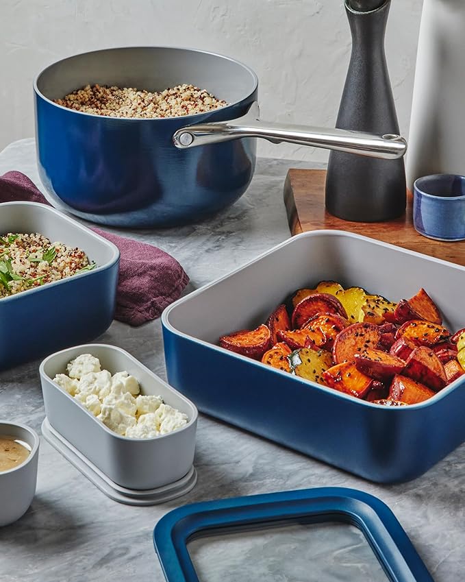 Caraway Glass Food Storage - 10 Cup Glass Container - Ceramic Coated Food Container - Non Stick Lunch Box with Lids - Dishwasher, Oven, & Microwave Safe - Square Shape - Cream