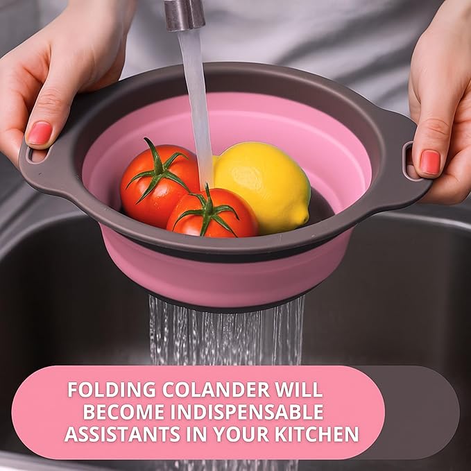 Pink Round Silicone Colander Collapsible – Foldable Kitchen Strainer Small Collapsible Colander Pink with Plastic Handles for Draining Vegetable and Fruit Round Silicone Kitchen Strainer for Pasta