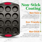 NutriChef 6-Piece Baking Pan Set - Carbon Steel Stackable Bakeware with Red Silicone Handles & Nonstick Coating, Includes Cookie Sheets, Roaster Pan with Lid, Loaf Pan, and 12 Cup Muffin Pan (Black)
