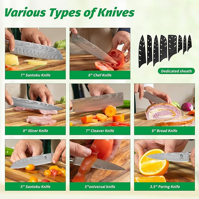 FULLHI 15pcs Japanese Knife Set with Magnetic Knife Block Holder, Stainless Steel Blades, White Resin Ergonomic Handles for Professional and Home Cooking