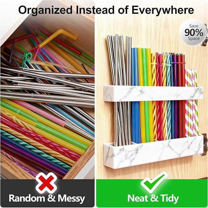 9.5” Large Acrylic Straw Holder for Cabinet Door, Reusable Adjustable Two-Part Straws Organizer with Ultra Sticky Adhesive Strips, 2026 Straw Storage for Kitchen Cupboard (Marble Color)