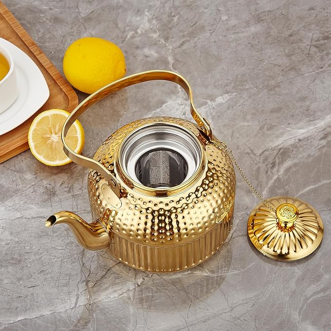 SANQIAHOME Antique 1.8L (60 Oz) Stainless Steel Teapot with Infuser Gold