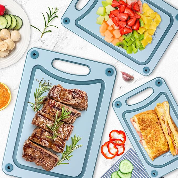 Finorder Set of 3 Sizes Cutting Board, Blue Double Side Non Slip Cutting Boards with Easy Grip Handle and Juice Grooves, BPA-Free Dishwasher Safe Reversible Chopping Board for Veggies Chopping Meat