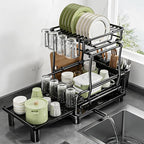 Large 2-Tier Expandable Dish Drying Rack, Heavy Duty Kitchen Countertop Dish Drainer Organizer with Utensil Holder, Extendable Space Saving Plate Storage Rack for Kitchen Sink Counter, Black