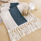 FEXIA Boho Table Decor 48 Inch Cream & Blue Macrame Runner with Tassels for Boho Dining & Bedroom Decor Rustic Bridal Shower (12x48 Inches)
