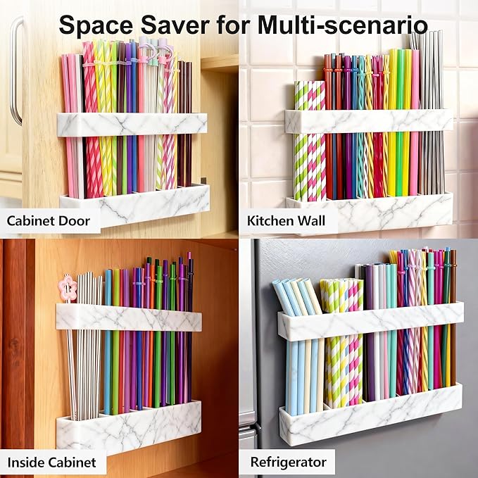 9.5” Large Acrylic Straw Holder for Cabinet Door, Reusable Adjustable Two-Part Straws Organizer with Ultra Sticky Adhesive Strips, 2026 Straw Storage for Kitchen Cupboard (Marble Color)
