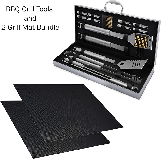 Home-Complete 18-piece BBQ Grill Set, 16-pc Stainless Steel Barbecue Tools Kit with Aluminum Case and 2-pack BBQ Grill Mats