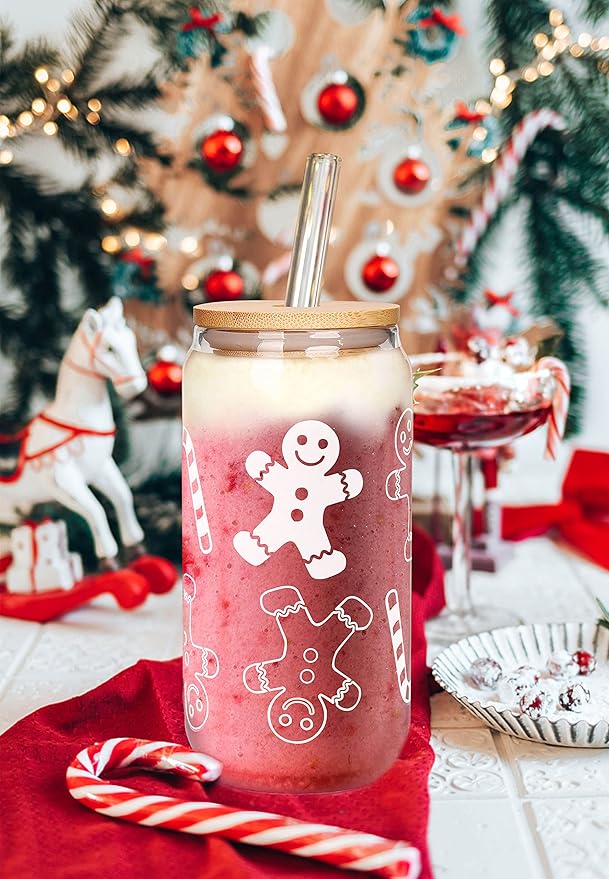 ANOTION Useful White Elephant Gifts for Adults Holiday - New Year Gift 18oz Christmas Coffee Mugs Glass Cups with Lids and Straws Gingerbread Tumbler Drinking Glassware Drinkware Gifts for Women