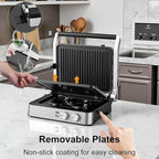 Panini Press,4 Slices Contact Grill with Removable Non-Stick Coated Grill and Flat Plates,Panini Makers with Temperature Control and Timer,Open 180 Degrees,Grill and Griddle (Silver wtih Full SUS)