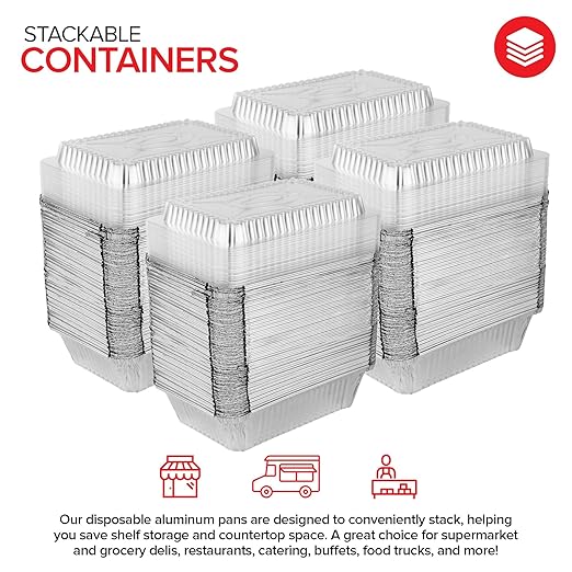 2 Lb Small Aluminum Pans with Lids (100 Pack) Foil Pan + Clear Plastic Lid, Disposable Cookware, Takeout Trays with Lids - to Go Disposable Food Containers for Restaurants & Catering, Stock Your Home