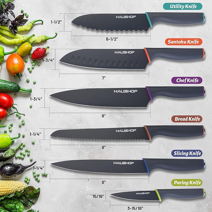 HAUSHOF Kitchen Knife Set, 12-Piece Knives Set with 6 colorful Sheaths, Non-Stick Coated Stainless Steel Blades for Slicing, Dicing&Cutting, Gifts Knife Set for Dad, Mom, Husband and Wife
