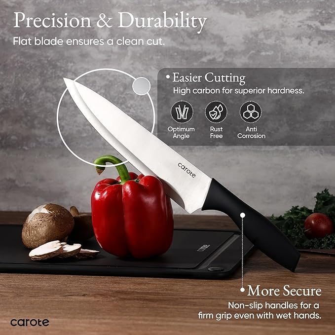 CAROTE Knife Set, 11 Pcs Kitchen Knives with 5 Blade Guards & Non-Slip Cutting Board, Rustproof Stainless Steel 5 Kitchen Knife Set, Plain Black