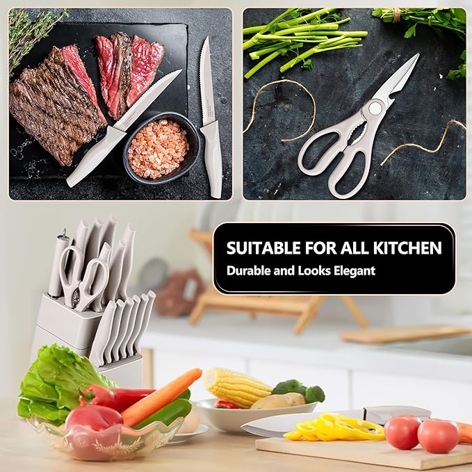 E-far Knife Set with Block, 15 Pieces Kitchen Knife Block Set with Sharpener, High Carbon Stainless Steel Sharp Chef Knife Set with Ergonomic Handles, Anti Rust, Khaki