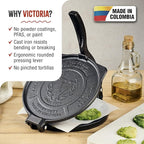 Victoria 8-Inch Cast Iron Tortilla Press HD Spherrous, Commercial-Grade Cast Iron Tortilla Maker, Roti Press, Pataconera Seasoned with Flaxseed Oil, Made in Colombia, Black