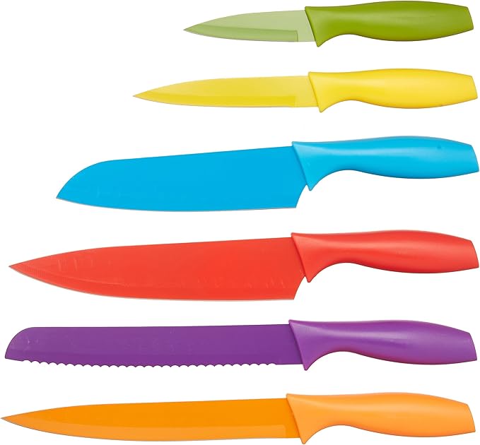 Amazon Basics Color-Coded Dishwasher Safe Kitchen Knife Set, 12-Piece with Ergonomic Handles, Non-stick Sharp Blades, 6 Knives with 6 Blade Guards, Multicolor, 13.88 x 4.13 x 1.38 inch
