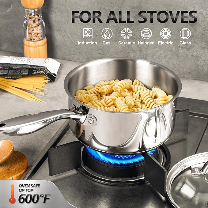 MICHELANGELO Saucepan Set 6pc with Steamer Insert, 18/10 Stainless Steel Sauce Pans with Lids, Tri-Ply Bottom Sauce Pots, Induction Compatible, 1QT & 2QT & 3QT
