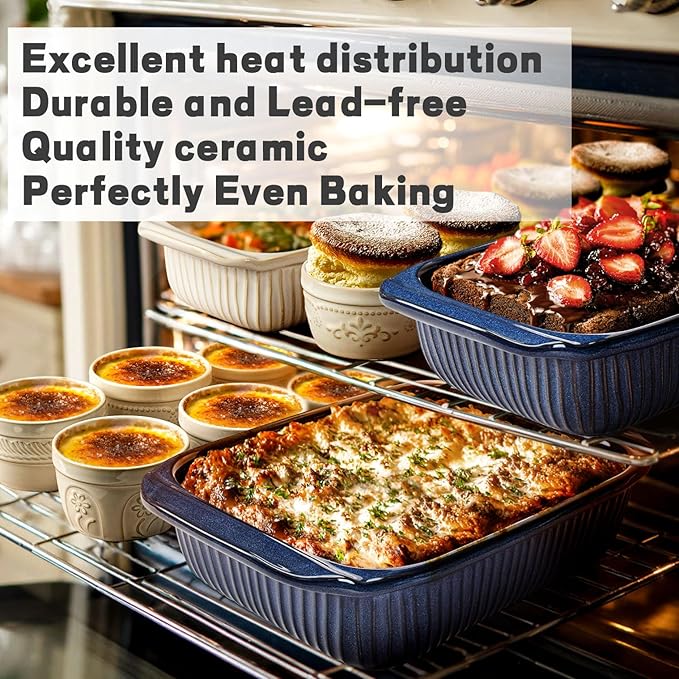 Artena Baking Dish 2.3 Quarts, Casserole Dishes For Oven, Baking Pan With Handles, Lasagna Pan Deep, Large Casserole Dish, Rectangular Ceramic Bakeware, Blue (Baking Dish With Rack)