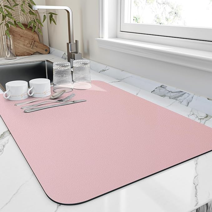 HotLive Dish Drying Mat for Kitchen Counter, Heat Resistant Drainer Mats with Non-slip Rubber Backed, Hide Stain Kitchen Super Absorbent Draining Mat, Easy to Clean Dish Rack Pad, Pink 18"x24"
