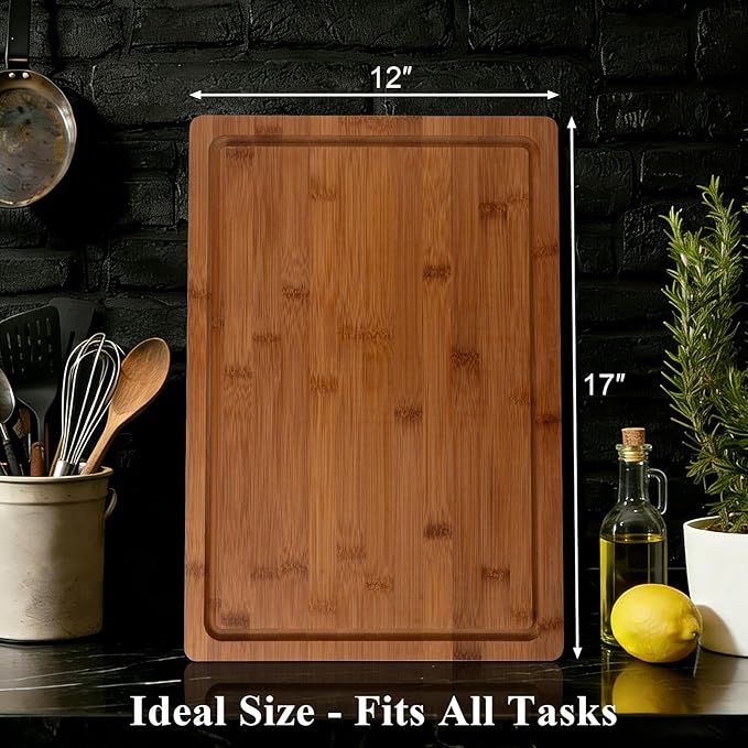 Bamboo Cutting Board, 1" Thick Heavy Duty Wood Chopping Board for Kitchen, Built-in Deep Juice Groove and Handles, Reversible Charcuterie Board for Meat BBQ, Gift for Housewarming, 17x12''