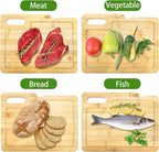 ZENFUN 4 Pack 12.5"L x 9.8"W Bamboo Cutting Boards with Holder, Wood Cutting Board Set, Chopping Boards Set with Food Icons, Kitchen Cutting Board Ideal for Meat, Fish, Bread, Vegetable, Fruit