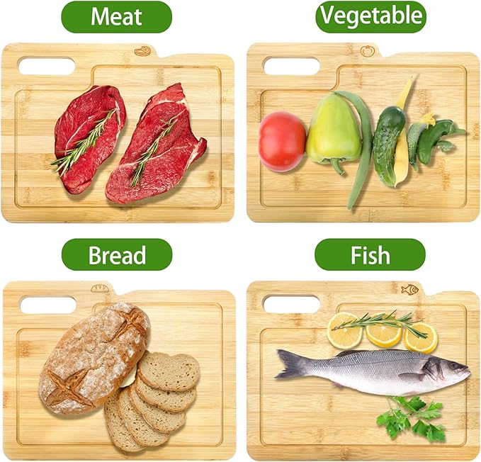 ZENFUN 4 Pack 12.5"L x 9.8"W Bamboo Cutting Boards with Holder, Wood Cutting Board Set, Chopping Boards Set with Food Icons, Kitchen Cutting Board Ideal for Meat, Fish, Bread, Vegetable, Fruit