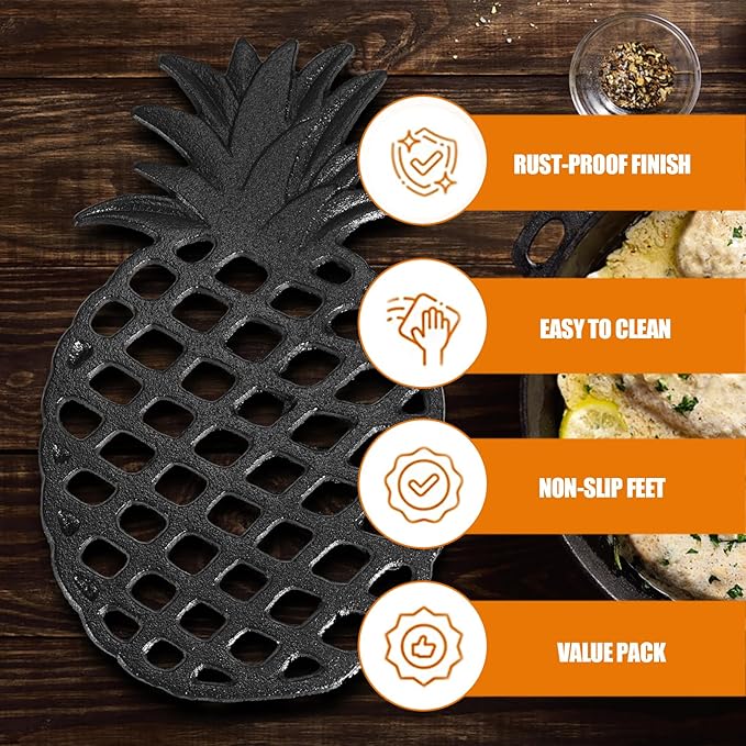 Sumnacon 2 Pack Cast Iron Trivets for Hot Dishes, Pots and Pans - Decorative Pineapple Trivet with Non-Slip Rubber Pegs Rustic Metal Pot Holders for Kitchen Countertop Dining Table Home Decor, Black
