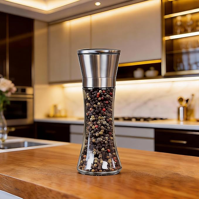 Gorgeous Salt & Pepper Grinder Set — Refillable Stainless Steel & Glass Spice Mill with Adjustable Coarseness — Perfect For Himalayan Or Sea Salts, Fresh Ground Pepper, Or Fresh Spices (1 Pack)