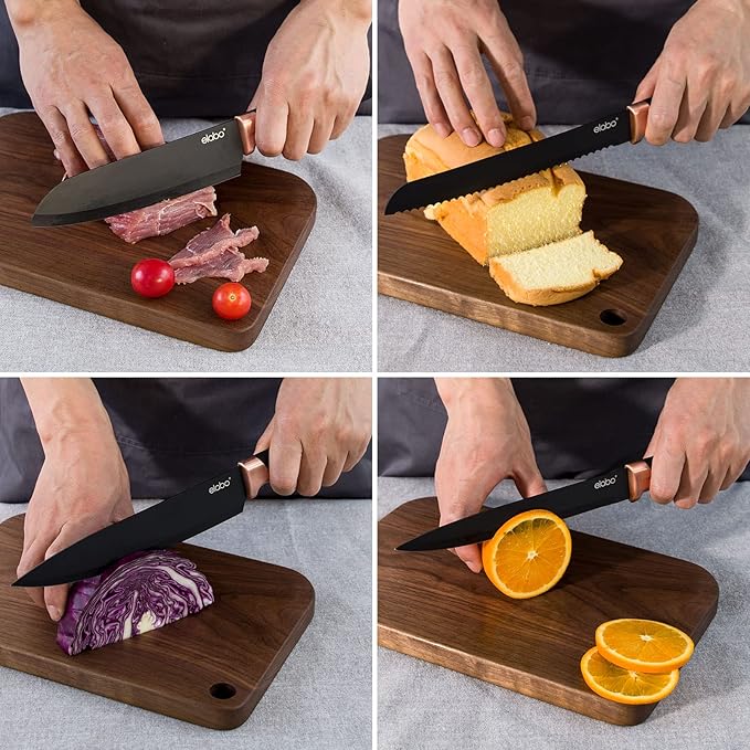 elabo 6 Piece Kitchen Knife Set – Premium Stainless Steel Knife Set with Block, Knives Set for Kitchen, Sharp Knife Block Set with Non-Stick Coating, Dishwasher Safe, Space-saving, Rose Gold