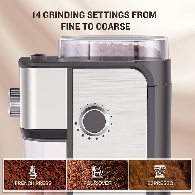 AYCHIRO Burr Coffee Grinder, Adjustable Coffee Bean Grinder Electric with 14 Grinding Settings,2-12 Cups for Espresso, Drip Coffee and French Press