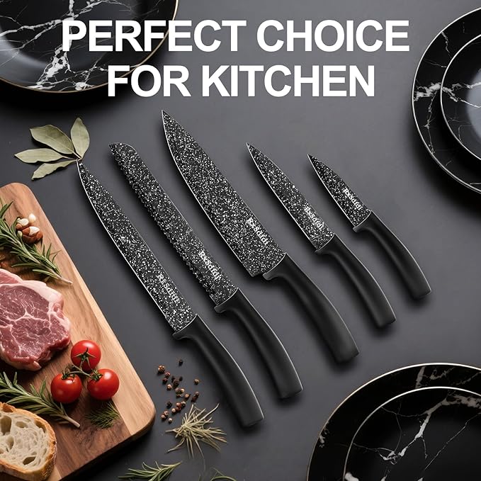 Knife Set, 6 Pieces Kitchen Knives Set with Anti-Rust Coating & Ergonomic Handles, Lightweight, Dishwasher Safe stainless steel Knife, Gift for Kitchen Enthusiasts, Family Chef(Bend)