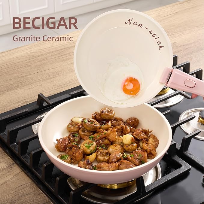 BECIGAR 8PCS Ceramic Cookware,Nonstick Ceramic Pan, Removable Handle Pots and Pans Set, Stackable Pan Set, Nonstick Pots and Pans Set Non Stick pot(Pink)