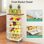 SAYZH Fruit Basket Kitchen Pantry Organizers and Storage - Wooden Top Table, Stackable Metal Wire Basket Stand Cart for Fruit Vegetable Snacks Onion Potato Organization (White, 5 Tiers)