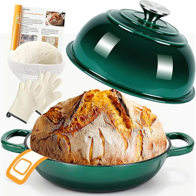 AHJ 6QT Dutch Oven For Bread Baking, Enameled Cast Iron Dutch Oven Pot with Lid, Multi-Functional Bread pan, Sourdough Baking Supplies with Proofing Basket, Cast Iron Bread Oven, Silicone Sling & Gloves.