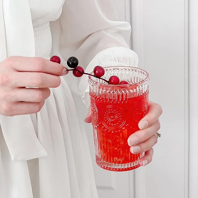 Kate Aspen Vintage Textured Clear Striped Drinking Glasses Set of 6, (13 oz) Ribbed Glassware Set with Flower Design | Cocktail Set, Glass Cups, Iced Coffee Cup