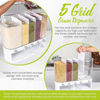 Wall Mounted Dry Food Dispenser with Individual Containers and Removable Walls for Rice, Beans, small grains, Lentils for Pantry and Kitchen Storage with Measuring Cup – 5 Grids
