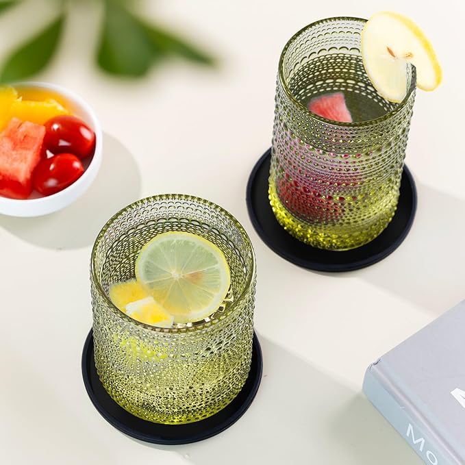 Hobnail Drinking Glasses Set of 12 Count, Vintage Glassware, Old Fashioned Glasses, 6 Highball Bubble Drinking Cups 14.5 oz, 6 Rocks Cups 10 oz with 6 Silicone Coasters, Green