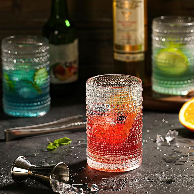 Dingerjar Hobnail Drinking Glasses set of 6（13 oz） Hobnail Water KItchen Glassware, Embossed Vintage Juice Glasses Tall Bar Drinkware