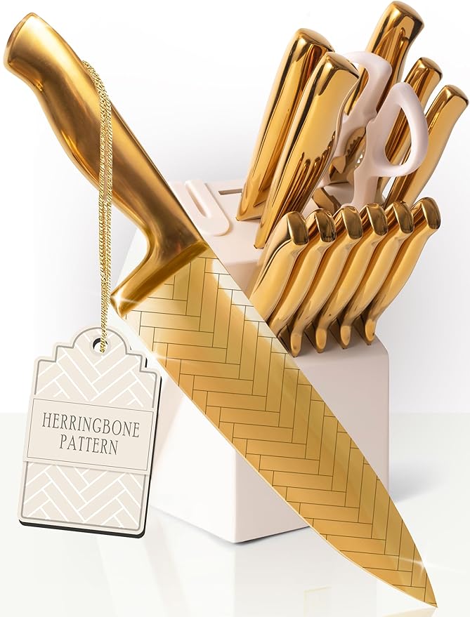 Styled Settings Gold Knife Set with Block and Sharpener – 14PC Golden Titanium-Coated Blades with Bold Herringbone Pattern, Knife Block with Built-in Sharpener, Durable, Luxury Kitchen Knives Set
