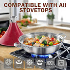 DM Tagine Pot, 11 Inch 3.6 Quart Moroccan Clay Tagine Pot Alternative, Multi-Ply Clad Stainless Steel, Traditional Cooking Pot with Die-Cast Aluminum Red Conical Lid and Stainless Steel Knob