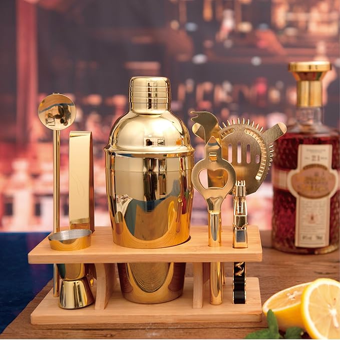 JNWINOG 9Pcs-Cocktail Shaker Set Bartending Kit Cocktail Bar Set Cocktail Mix Drink Making Kit Professional Bar and Home Drink Bar Tools for Bartender (Gold, 9Pcs)