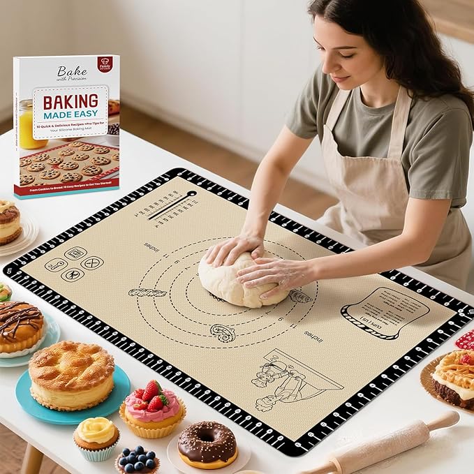 Silicone Baking Mat with 10 Recipes, Non Stick Silicone Pastry Mat, Kneading Dough Rolling Mat Silicone Mats for Baking Cookie, bread, Pizza, Surdough, Extra Thick Oven Mat & Dishwasher Safe