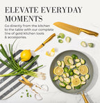 STYLED SETTINGS White and Gold Knife Set with Block – 14-PC Full Tang Titanium-Coated Stainless Steel Gold Knives and White Knife Block with Built-In Sharpener – Luxury Kitchen Accessories