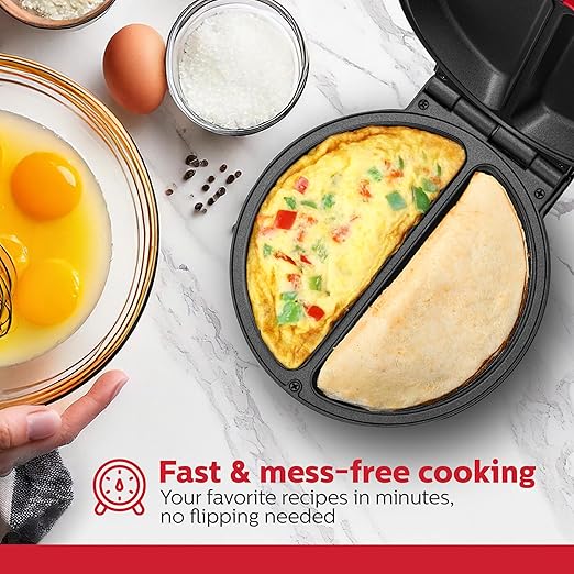 Holstein Housewares Stainless Steel 2 Section Omelet & Frittata Maker, Non Stick Coating, Easy To Clean, Indicator Lights, Compact Storage, Versatile Recipes in Minutes. 2 Portions, Metallic Red