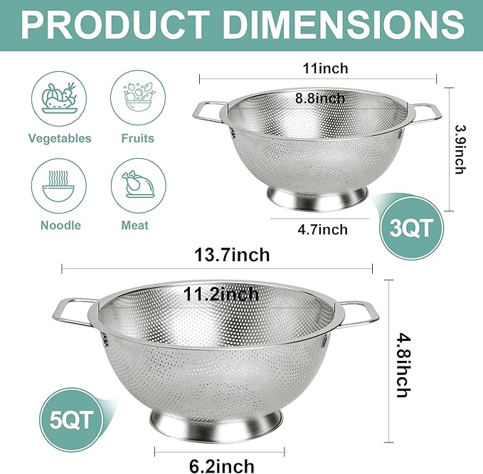 Kaishun Colander Stainless Steel Set(5-Quart and 3-Quart), Kitchen Strainer for Pasta, Fruits Vegetables, Dishwasher Safe