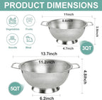 Kaishun Colander Stainless Steel Set(5-Quart and 3-Quart), Kitchen Strainer for Pasta, Fruits Vegetables, Dishwasher Safe