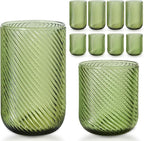 Set of 8 Ribbed Glassware,4 Highball Glasses 14oz & 4 Rocks Drinking Glasses 9oz, Origami Style, Fluted Design, for Milk, Water, Cocktail, Juice, Beer, ToothBrush Cup, Gif (Leaning Green)