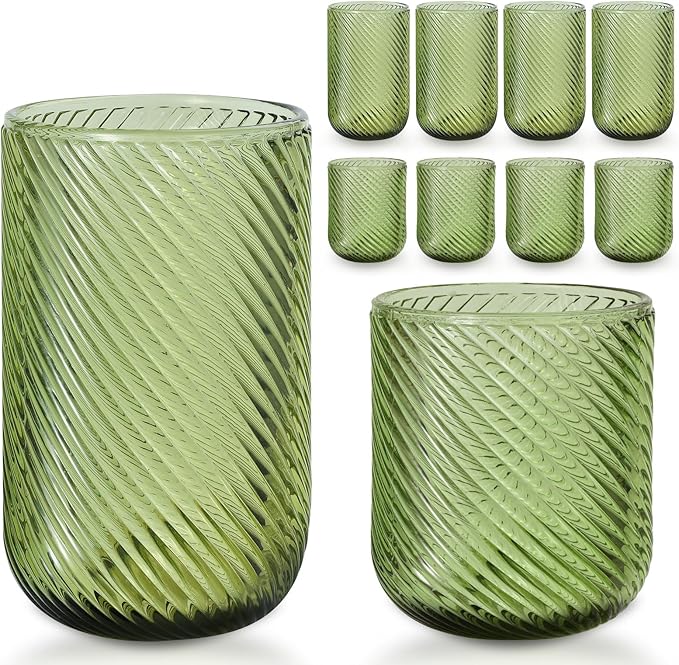 Set of 8 Ribbed Glassware,4 Highball Glasses 14oz & 4 Rocks Drinking Glasses 9oz, Origami Style, Fluted Design, for Milk, Water, Cocktail, Juice, Beer, ToothBrush Cup, Gif (Leaning Green)