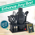 Modern Mixology Cocktail Shaker Set - Bartender Kit with Pine Stand | Leak-Proof Design | Includes Martini Shaker, Jigger, Strainer, Spoon, Tongs | Perfect Bar Tools Gift for Home Mixology (Black)