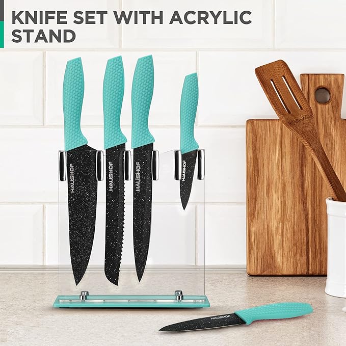 HAUSHOF Kitchen Knife Set, 5 PCS Knife Sets with Arcylic Block, Teflon Coated Green Knives Set for Kitchen, Premium Stainless Steel Knives Set with Ergonomic Handle, Great for Slicing, Dicing&Cutting